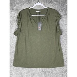 Kikula Ruffle Sleeve V-Neck Stretch‎ Top Womens Size XXL Green NWT
